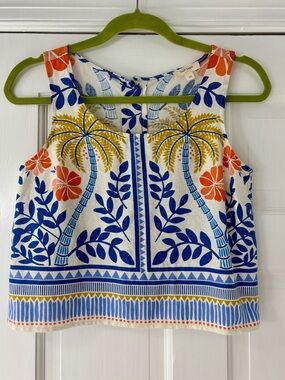 Haute Hippie Women’s XS Tropical Palm Tree Linen Blend Button Back Crop Top